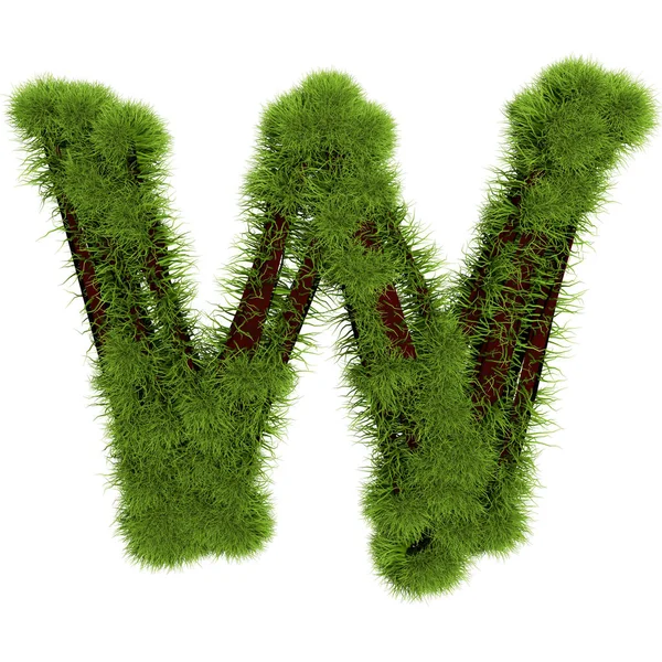 Trawiasta litera W izolowana na białym tle. Symbol pokryty zieloną trawą. Eko-list. Ilustracja 3D — Zdjęcie stockowe