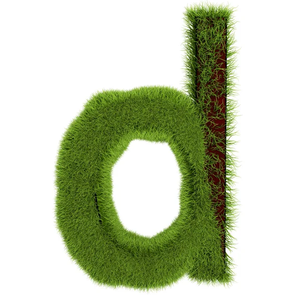 Grünes Gras Buchstabe d isoliert auf weißem Hintergrund. Schrift für Ihr Design. 3D-Illustration — Stockfoto