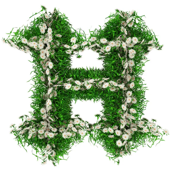 Buchstabe h von grünem Gras und Blumen. Schrift für Ihr Design. 3D-Illustration — Stockfoto