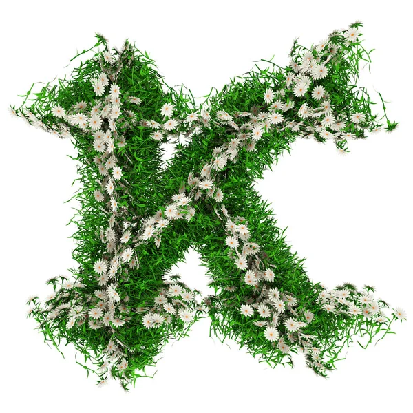 Γράμμα Κ από πράσινο γρασίδι και λουλούδια. Γραμματοσειρά για το σχέδιό σου. 3d εικονογράφηση — Φωτογραφία Αρχείου