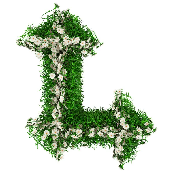 Lettera L di erba verde e fiori. Carattere per il tuo design. Illustrazione 3D — Foto Stock