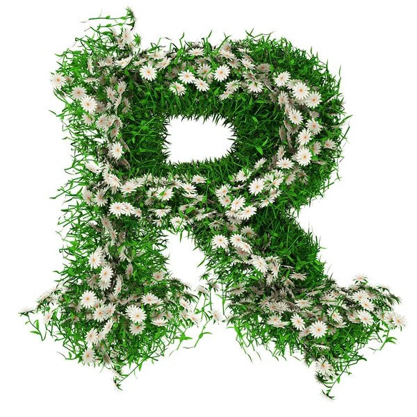 R betű zöld fűről és virágokról. Betűtípus For Your Design. 3d illusztráció — Stock Fotó