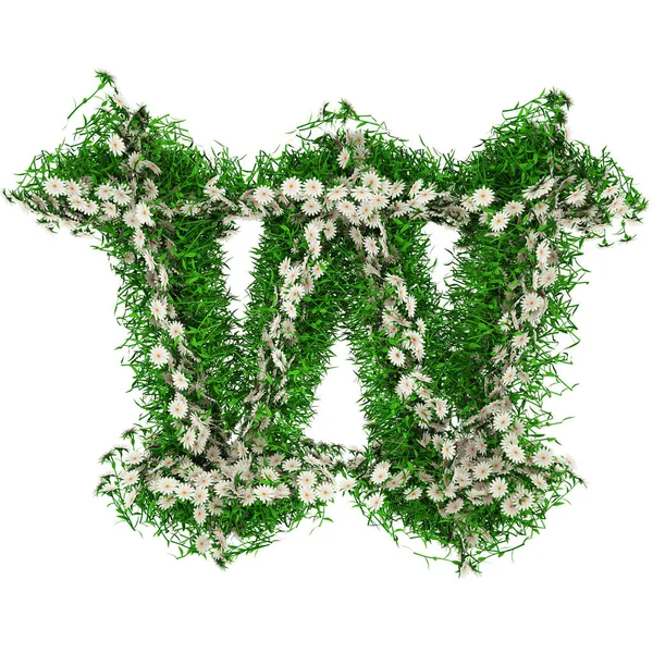 绿草和花的W字。 字体为您的设计。 3d说明 — 图库照片
