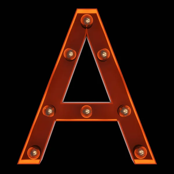 "A" betű a villanykörtékre. Elölnézeti megvilágított fővárosi szimbólum fekete alapon. 3d illusztráció — Stock Fotó