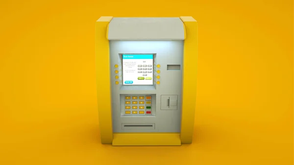 Atm銀行現金機黄色の背景に隔離 3Dイラスト — ストック写真
