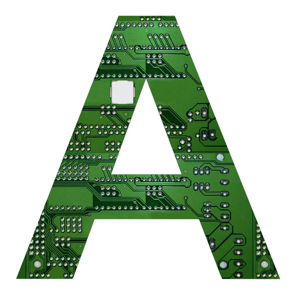Буква А, алфавит в стиле печатной платы. Цифровое письмо, изолированное на белом. 3d иллюстрация — стоковое фото