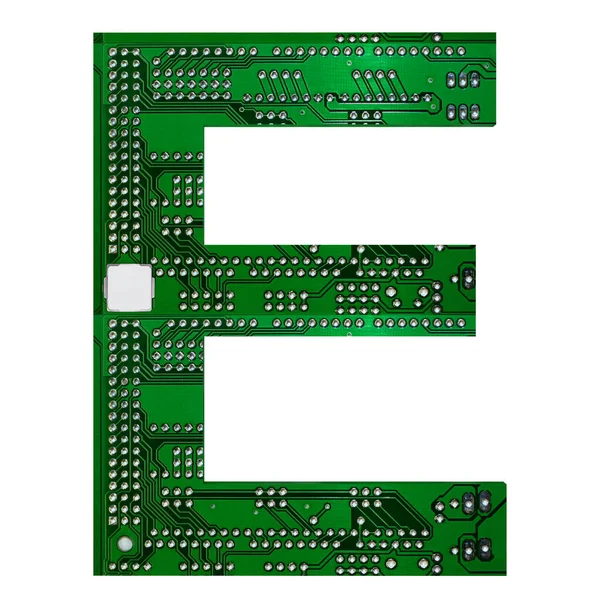 Carta E, alfabeto em estilo de placa de circuito. Carta digital oi-tech isolada em branco. ilustração 3d — Fotografia de Stock