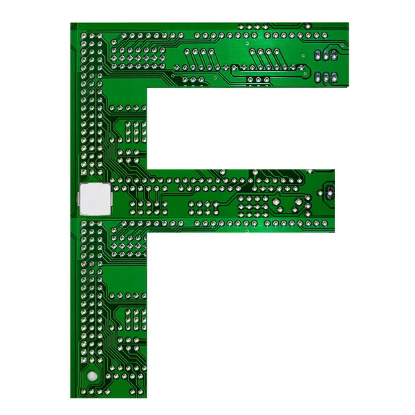 Letra F, Alfabeto en estilo de placa de circuito. Carta digital de alta tecnología aislada en blanco. ilustración 3d — Foto de Stock