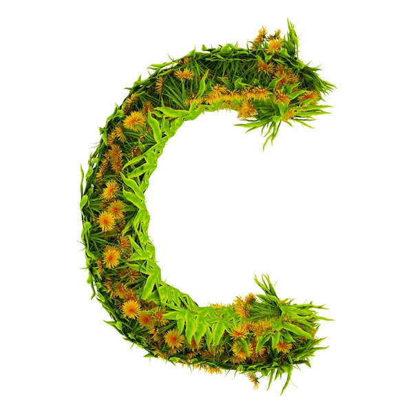 A C betű virágokból és fűből készült, fehér alapon elkülönítve. 3d illusztráció — Stock Fotó