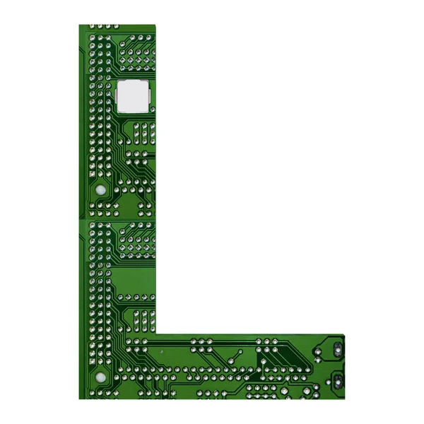Letra L, Alfabeto en estilo placa de circuito. Carta digital de alta tecnología aislada en blanco. ilustración 3d — Foto de Stock