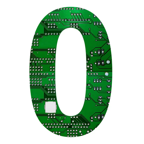Número 0 cero, alfabeto en estilo placa de circuito. Carta digital de alta tecnología aislada en blanco. ilustración 3d — Foto de Stock