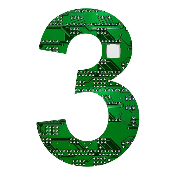 Numero 3, alfabeto in stile circuito stampato. Lettera digitale hi-tech isolata su bianco. Illustrazione 3d — Foto Stock