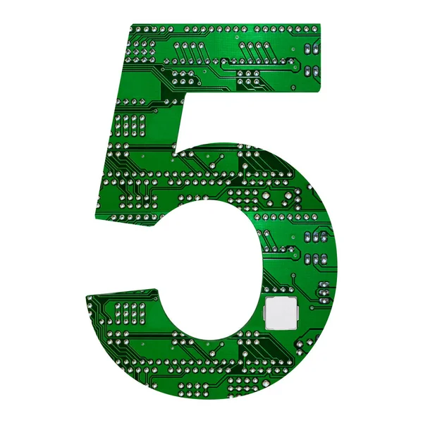 Number 5, Alphabet in circuit board style. Digital hi-tech letter isolated on white. 3d illustration — Stock Photo, Image