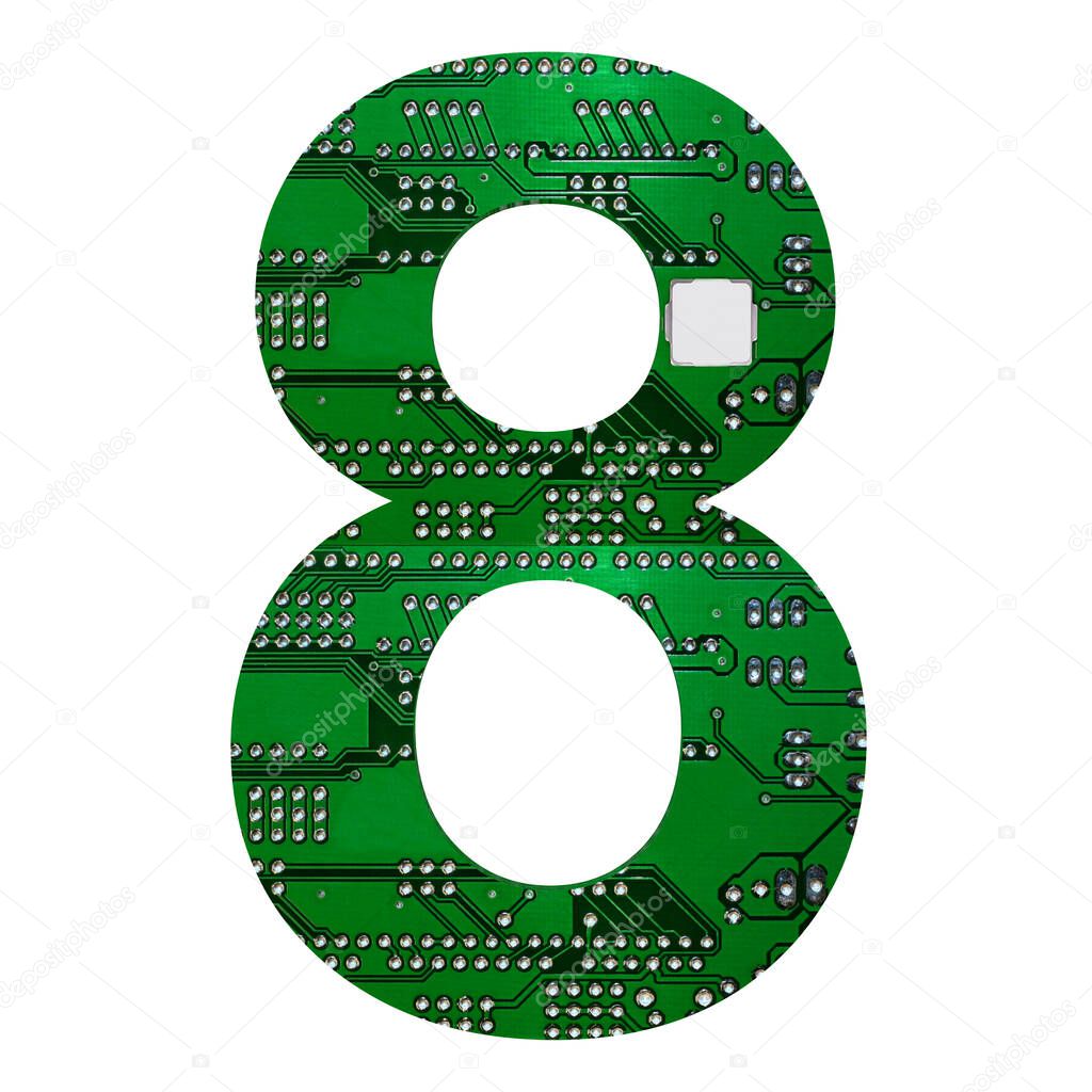 Number 8, Alphabet in circuit board style. Digital hi-tech letter isolated on white. 3d illustration