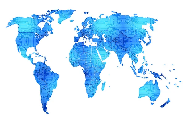Mapa světa s modrou pcb texturou. 3D ilustrace — Stock fotografie