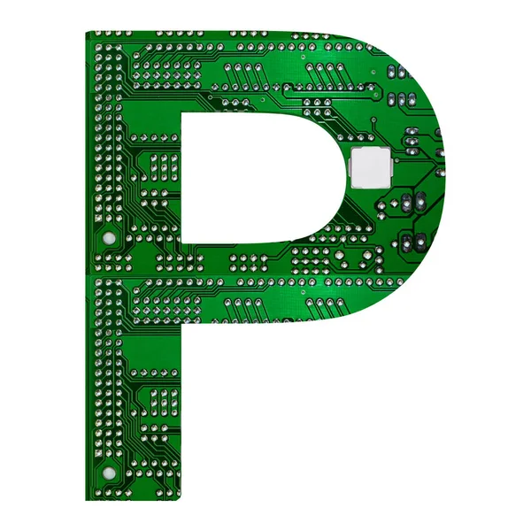 P harfi, devre kartı şeklinde alfabe. Beyaza izole edilmiş dijital yüksek teknoloji harfi. 3d illüstrasyon — Stok fotoğraf