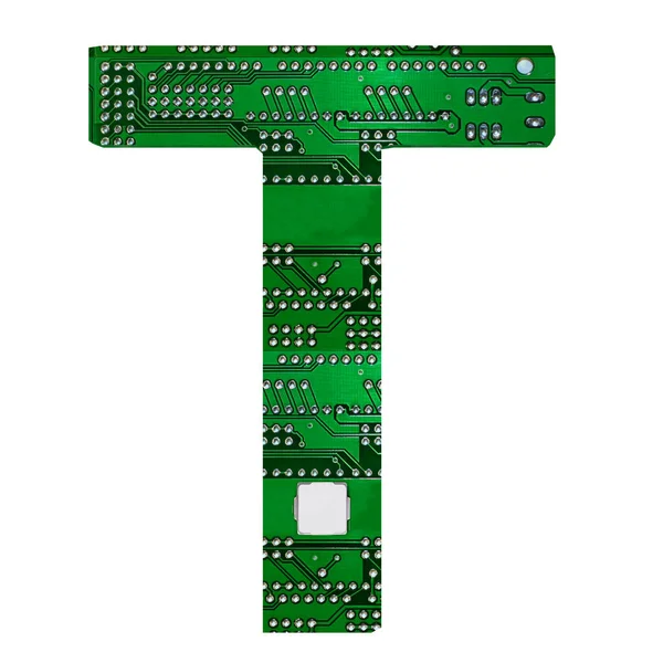 Litera T, alfabet w stylu płytek obwodów drukowanych. Cyfrowy, zaawansowany technologicznie list izolowany na białym. Ilustracja 3D — Zdjęcie stockowe
