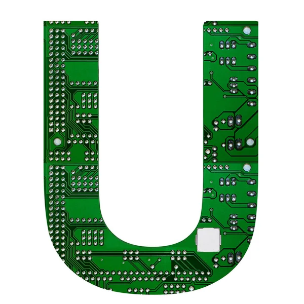 Litera U, alfabet w stylu obwodów drukowanych. Cyfrowy, zaawansowany technologicznie list izolowany na białym. Ilustracja 3D — Zdjęcie stockowe