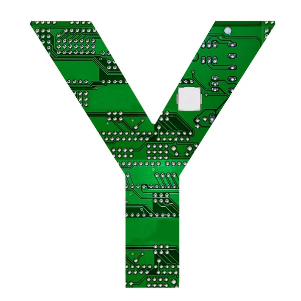 Carta Y, alfabeto em estilo de placa de circuito. Carta digital oi-tech isolada em branco. Ilustração 3D — Fotografia de Stock
