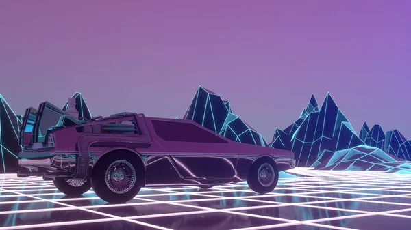 Coche futurista retro en 1980 estilo se mueve en un paisaje de neón virtual. ilustración 3d — Foto de Stock