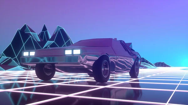 Retro futuristické auto ve stylu 80. let se pohybuje na virtuální neonové krajině. 3D ilustrace — Stock fotografie