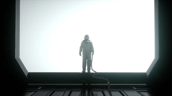 Alone astronauta en el interior futurista. Habitación Sci-fi con una ventana enorme. 3d renderizado —  Fotos de Stock