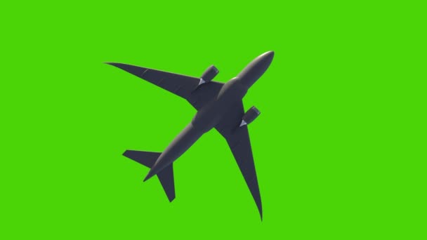 Пассажирский самолет летит на зеленом фоне экрана. Нижний вид — стоковое видео