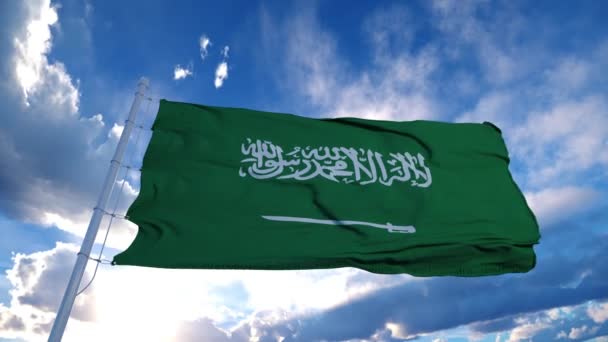 Realistic Flag of Saudi Arabia waving at wind in slow with blue sky — Stock Video