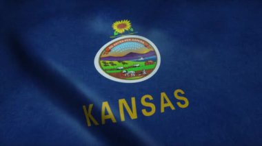 Kansas eyalet bayrağı rüzgarda sallanıyor. Son derece detaylı kumaş dokusuna sahip kusursuz döngü.