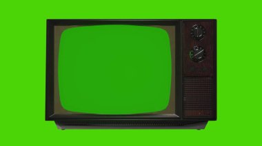 Yeşil Ekran Yakınlaştırmalı Eski Klasik Televizyon. Yeşil Ekranlı 80 'ler Televizyonu. 3d oluşturma