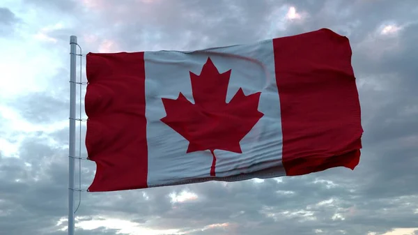 Kanada bayrağı, güzel bulutların üzerinde rüzgarda sallanıyor. 3d oluşturma — Stok fotoğraf