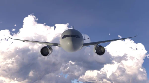 Avião de passageiros voando acima das nuvens. Renderização 3d — Fotografia de Stock