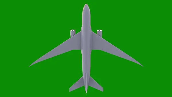 Avion de passagers volant sur fond vert. Vue du dessus. Rendu 3d — Photo