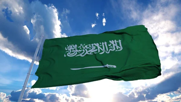 Realistiska flaggan av Saudiarabien vinkar åt vinden med blå himmel. 3d-konvertering — Stockfoto