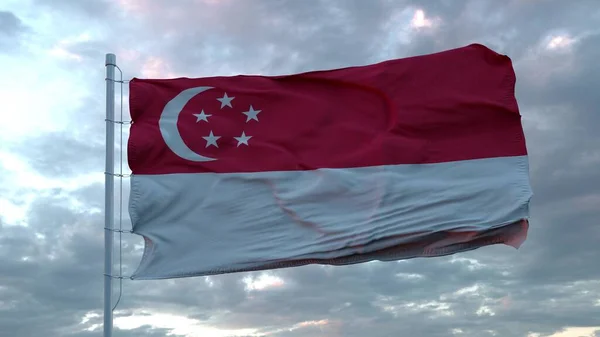 Bandera de Singapur ondeando en el viento contra las nubes del cielo profundo y hermoso. renderizado 3d —  Fotos de Stock