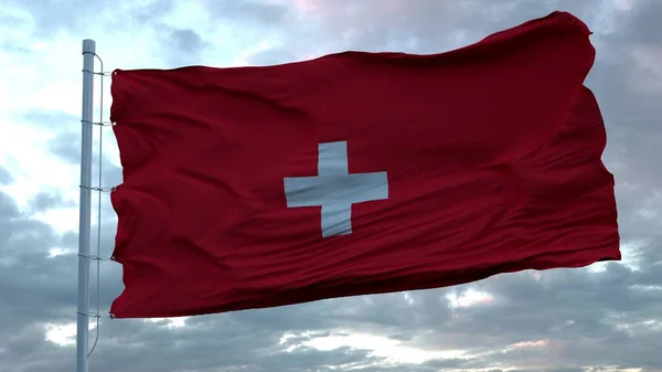 Vlag Van Zwitserland Wapperend Wind Tegen Diepe Prachtige Wolken Destructie — Stockfoto