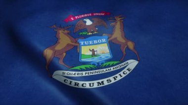 Michigan eyalet bayrağı rüzgarda sallanıyor. Son derece detaylı kumaş dokusuna sahip kusursuz döngü.