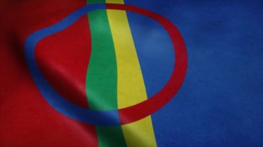 Sami İskandinavya bayrağı rüzgarda dalgalanıyor. Gerçekçi bayrak arkaplanı