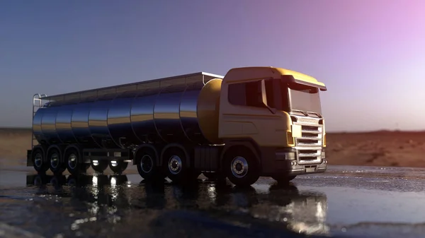 Tanque de gasolina, reboque de petróleo, camião na auto-estrada. Renderização 3d — Fotografia de Stock