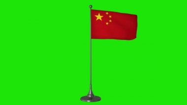 Bayrak direğinde dalgalanan Çin bayrağı. Yeşil ekran arkaplanı, 4K