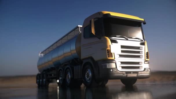高速道路で黄色の燃料タンカートラック。ガソリンタンカー。3Dレンダリング — ストック動画