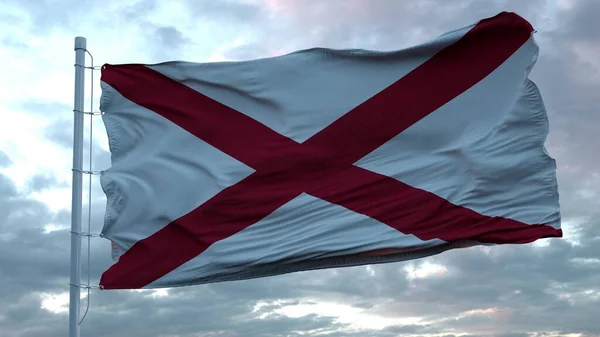 Vlag van Alabama wapperend in de wind tegen diepe, prachtige wolken. 3d destructie — Stockfoto