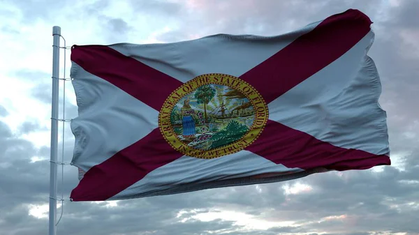 Flag of Florida waving in the wind against deep beautiful clouds sky. 3d rendering — Stock Photo, Image