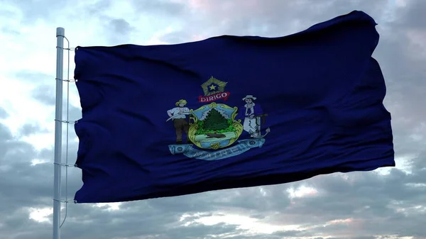 Flag of Maine waving in the wind against deep beautiful clouds sky. 3d rendering — Stock Photo, Image