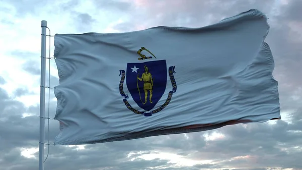 Flag of Massachusetts waving in the wind against deep beautiful clouds sky. 3d rendering — Stock Photo, Image