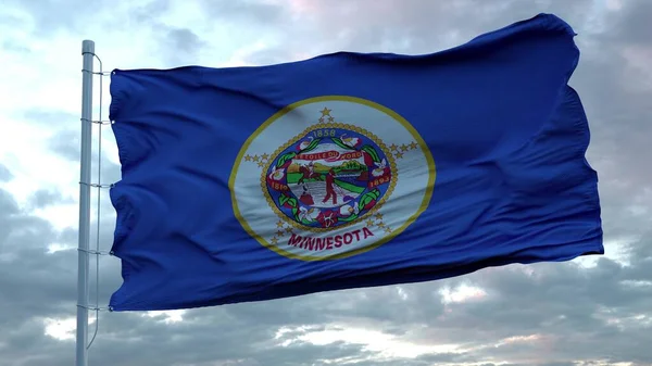 Minnesota zászlója integet a szélben a mély, gyönyörű felhők ellen. 3D-s renderelés — Stock Fotó