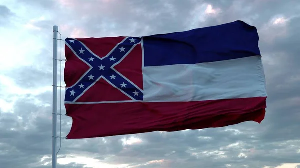 Vlajka Mississippi vlnící se ve větru proti hlubokému krásnému mraku oblohy. 3D vykreslování — Stock fotografie