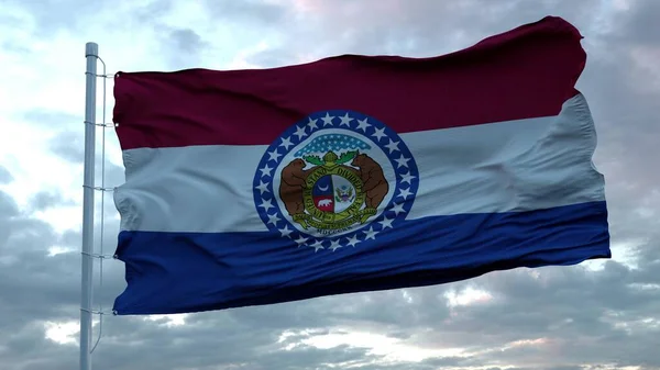 密苏里的国旗迎风飘扬,映衬着美丽的云彩.3d渲染 — 图库照片