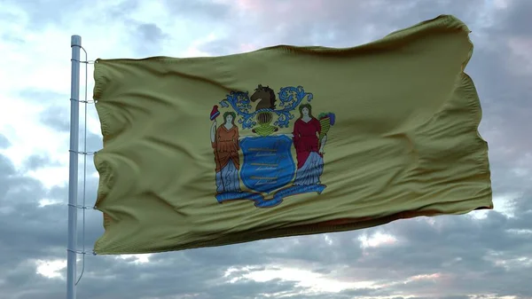 New Jersey zászlója integet a szélben a mély, gyönyörű felhők ellen. 3D-s renderelés — Stock Fotó