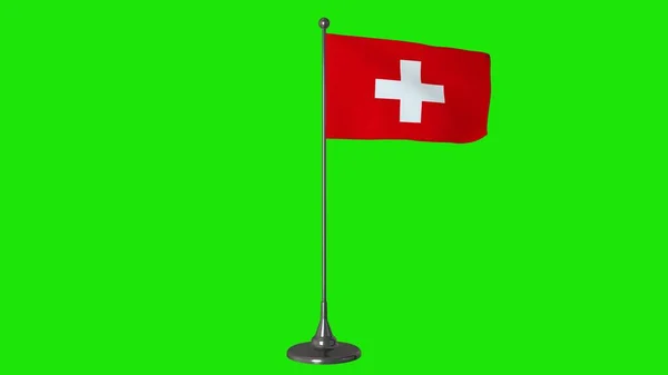 Suiza pequeña bandera ondeando en un asta de la bandera. Fondo de pantalla verde. renderizado 3d — Foto de Stock